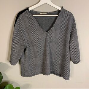 Zara Black and White Plaid V-Neck Top